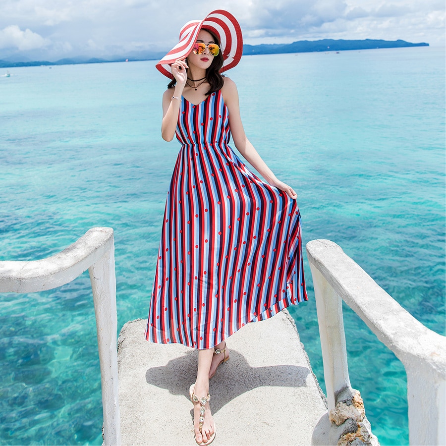 Women Sexy   Sriped ̾ Beach μҸ Dress Summer  Maxi Summer  Dress   2018